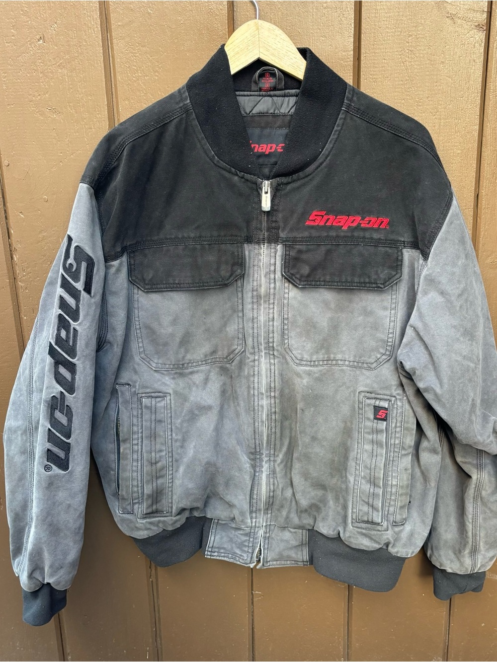 Snap-on Tools Mens Colorblock Work Bomber Jacket Large Gray Black Canvas Quilted